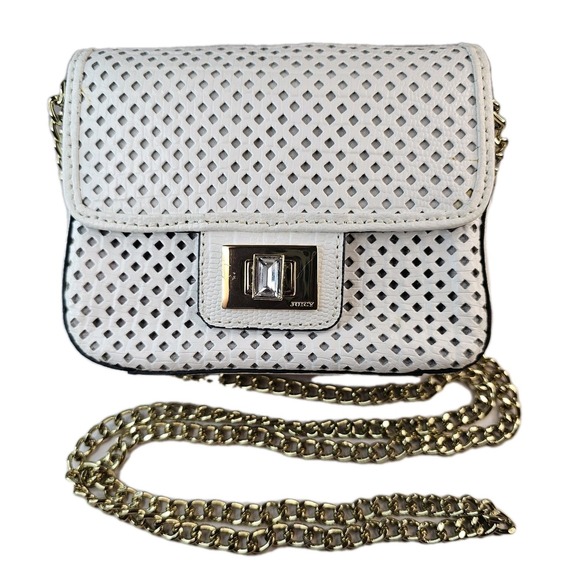 Juicy Couture White Perforated‎ Chain Crossbody Bag Rhinestone Turn Lock Gold - Picture 3 of 16